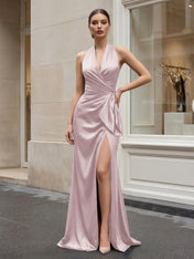 Navy Blue Halter V-Neck Satin Gown with Side Knot and High Slit Evening Dress