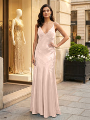 Green Appliques Soft Satin Long Prom Party Dress