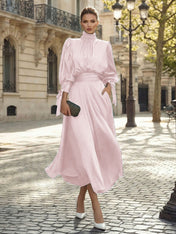 Sophisticated Emerald Green Satin High-Neck Midi Dress Gown