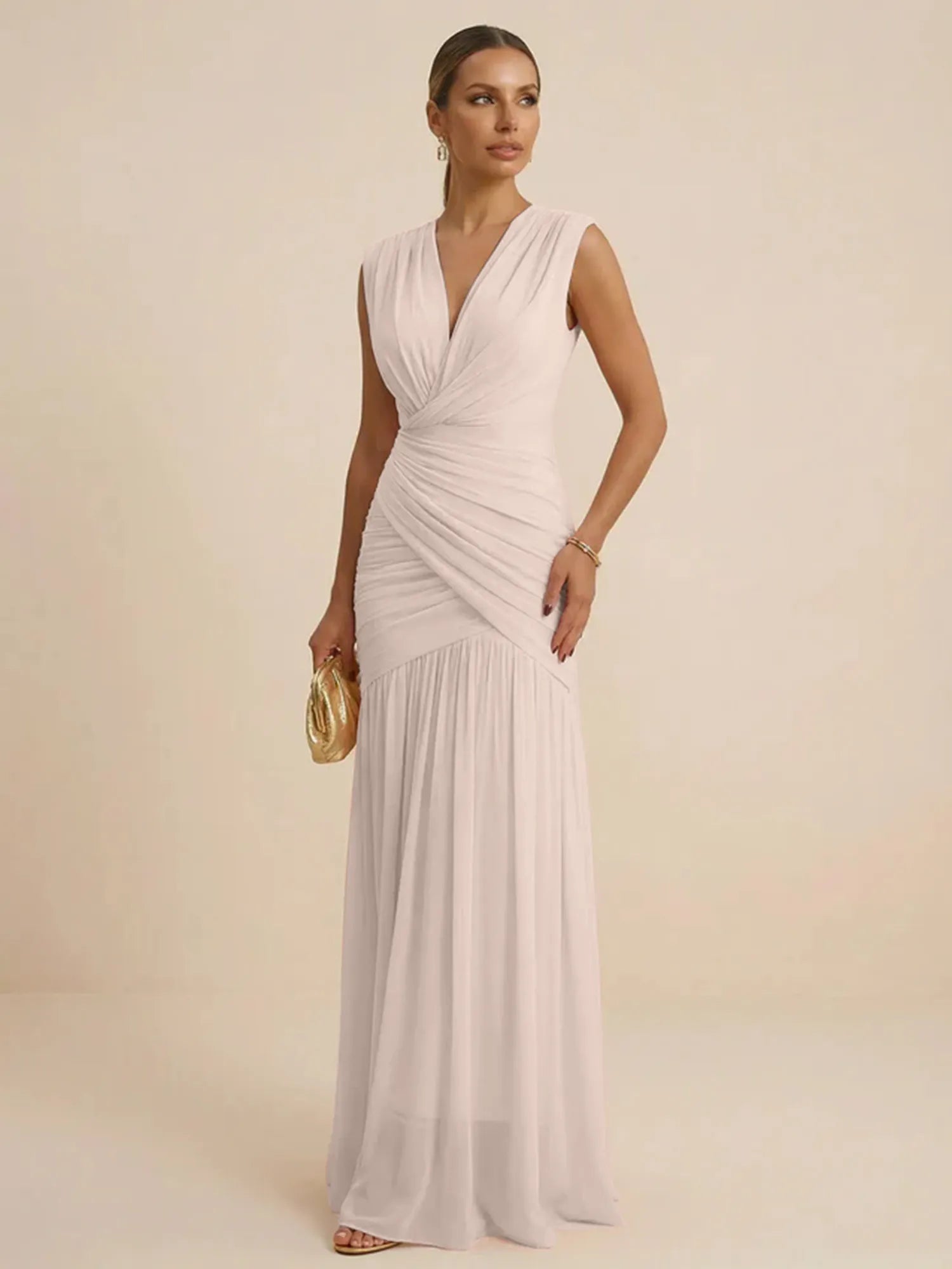 Pink Regular Straps V Neck Chiffon Pleat Mermaid Maxi Dress