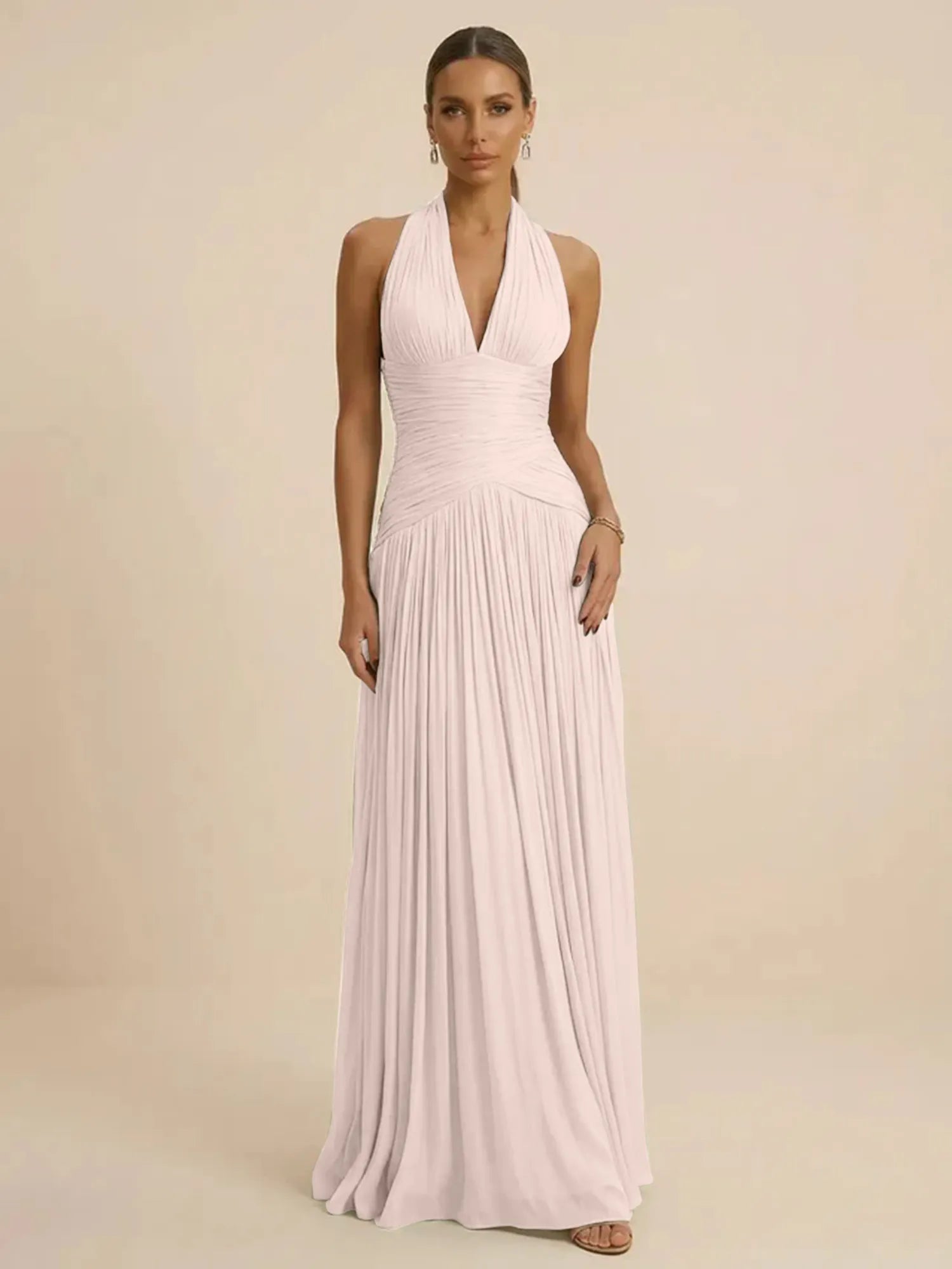 Sage Green Halter Neck Pleated Chiffon Evening Gown with Ruched