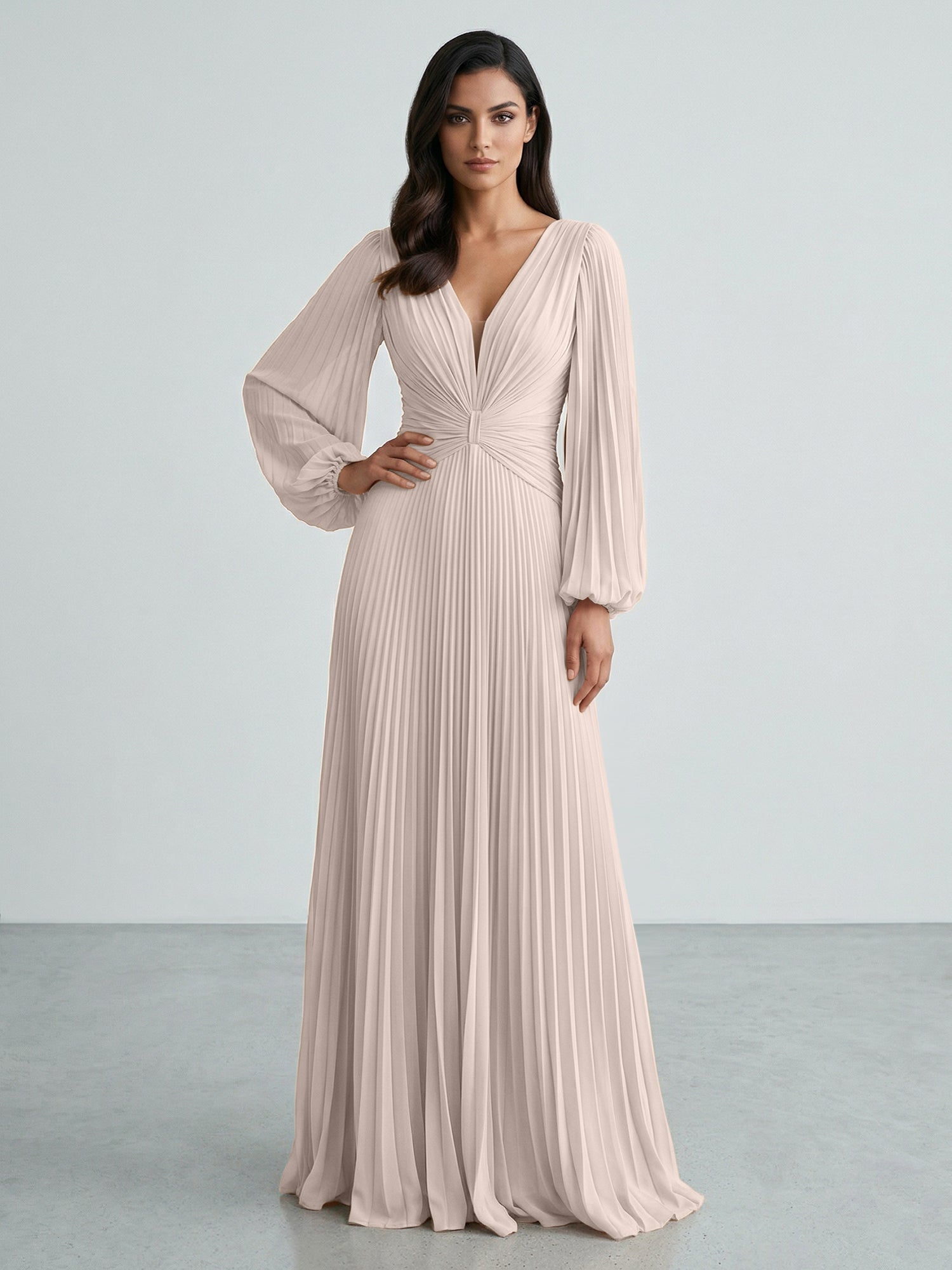Slate Blue Plunging V-Neck Pleated Long Sleeve Maxi Dress Gown