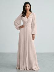 Slate Blue Plunging V-Neck Pleated Long Sleeve Maxi Dress Gown