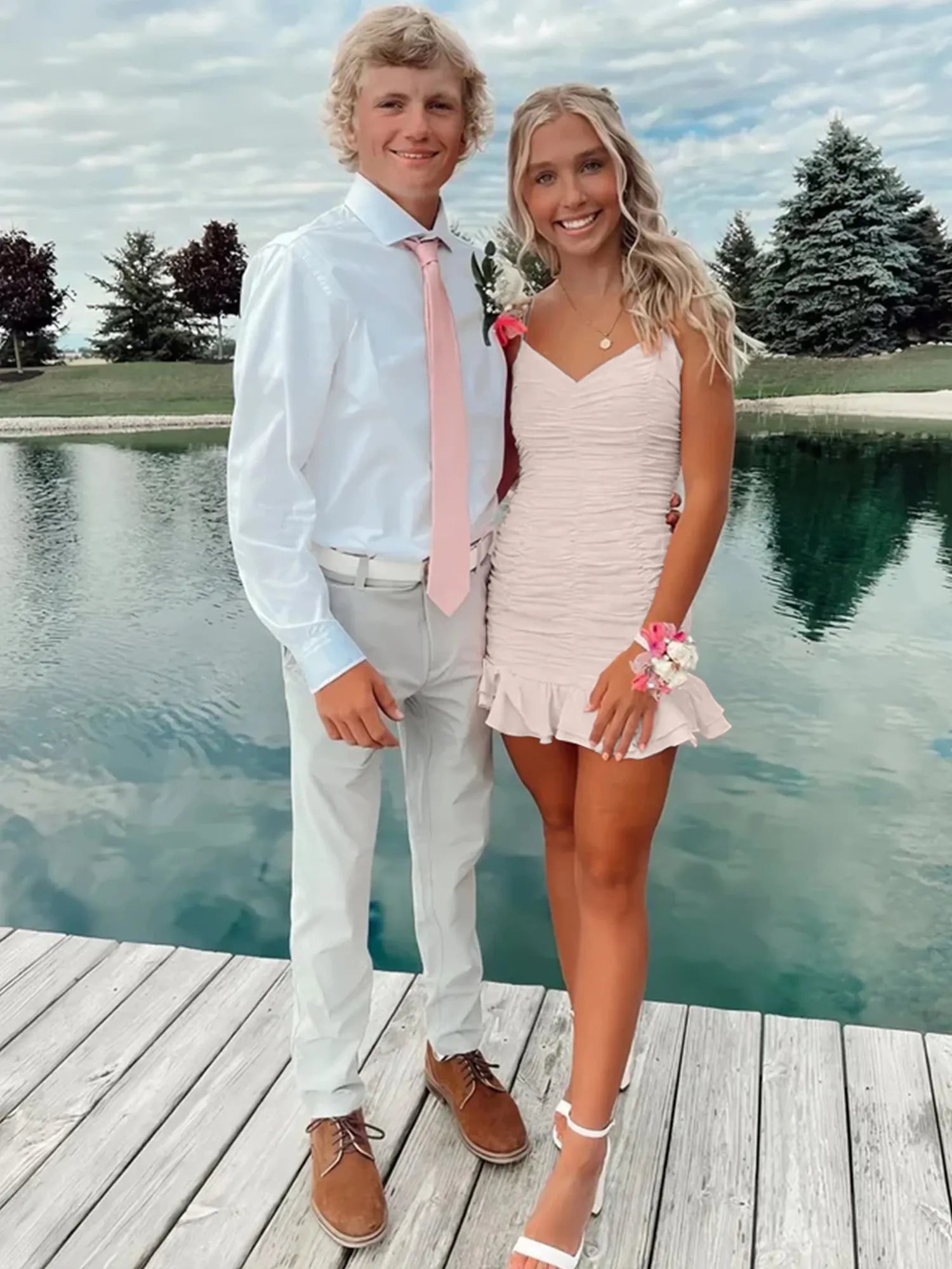 Cute Sheath Satin Short Homecoming Dress with Ruffles