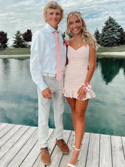 Cute Sheath Satin Short Homecoming Dress with Ruffles