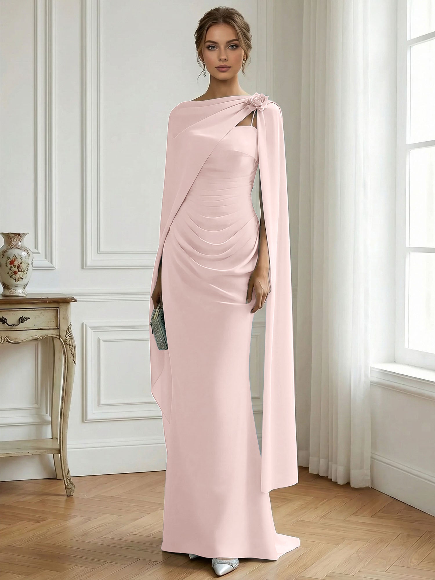 Formal Evening Gown Ice Blue Ruched Satin Maxi Dress with Sheer Floral Cape