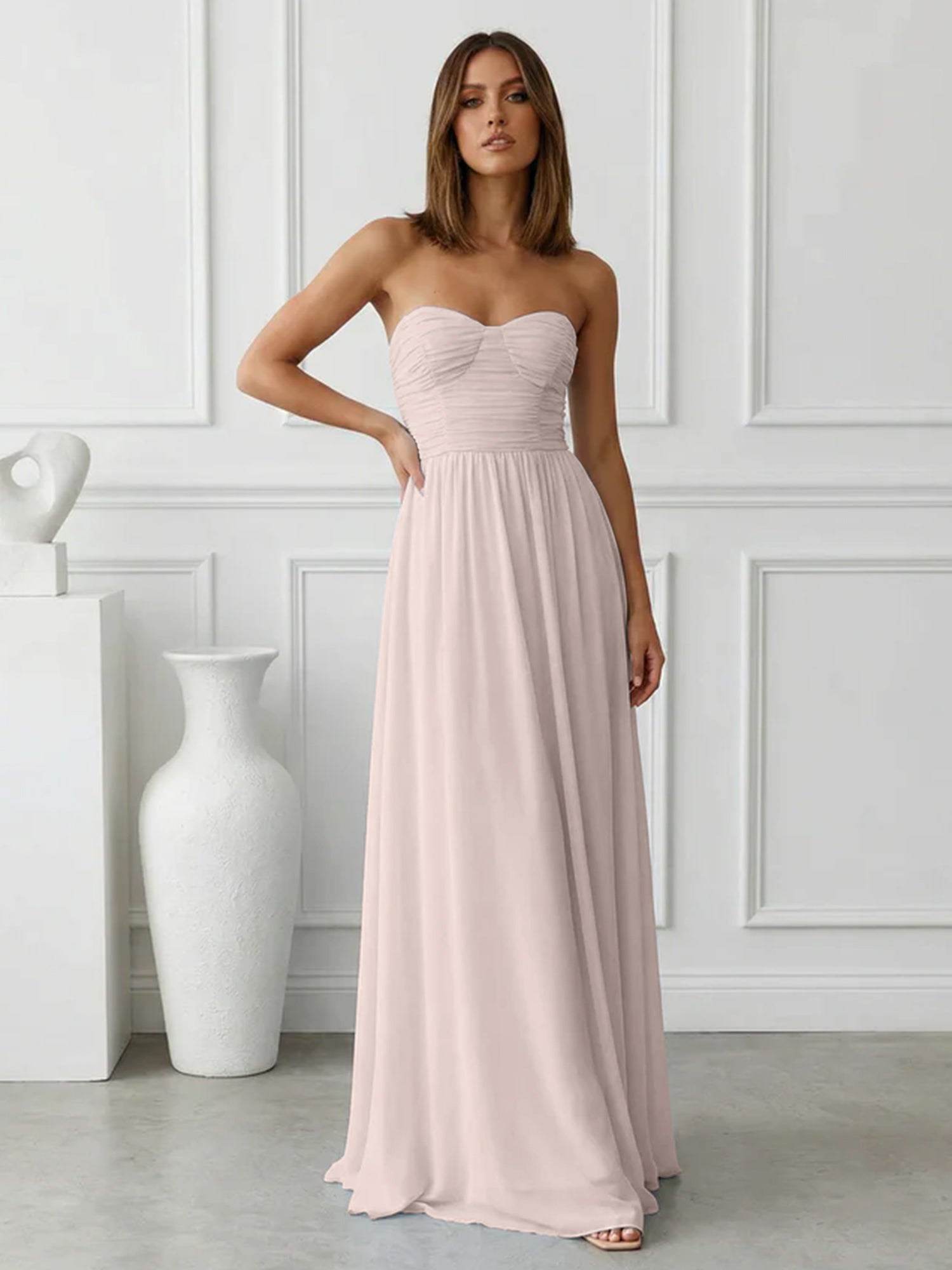Light Blue Sweetheart Chiffon A Line Maxi Dress with Pleat