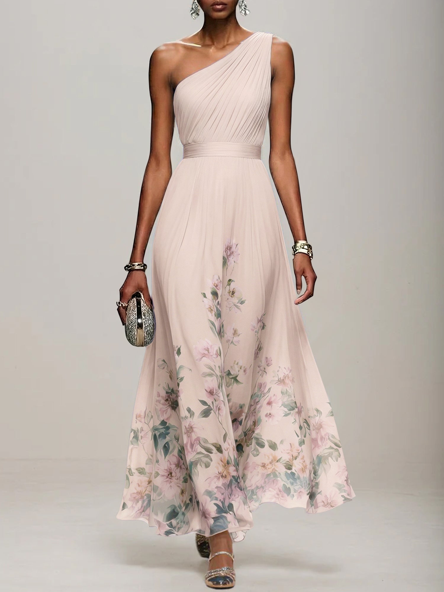 Light Blue Floral Chiffon One Shoulder Sleeveless A-Line Maxi Dress Gown