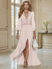 Elegant Beige Chiffon V-neck With Rhinestone Embellishments And A Side Slit Maxi Dress
