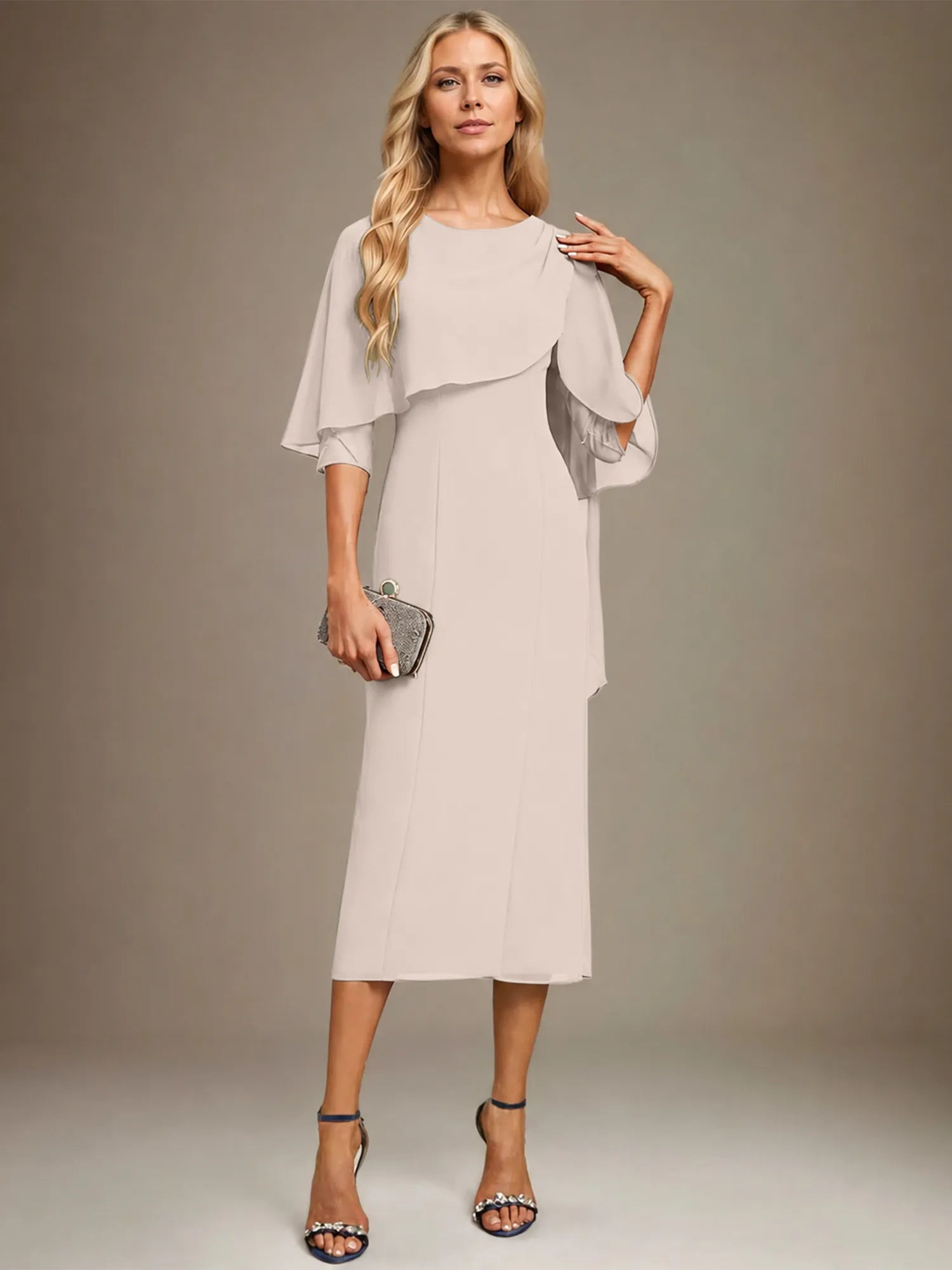 Sheath/Column Scoop Tea Length Chiffon Dress With Pleated Beading