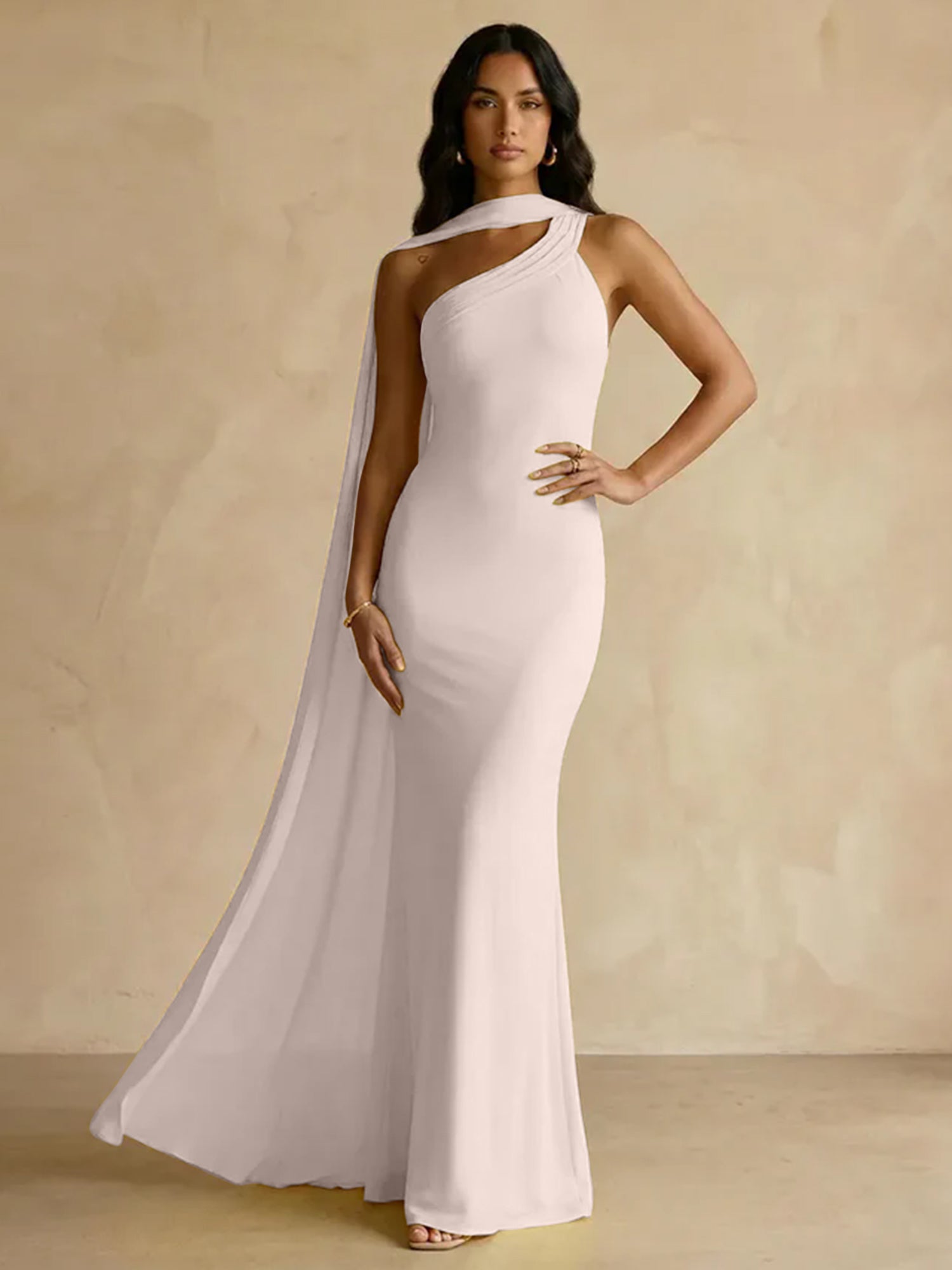 Yellow One-Shoulder Crepe Sheath Gown with Flowing Chiffon Cape Train