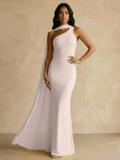 Yellow One-Shoulder Crepe Sheath Gown with Flowing Chiffon Cape Train