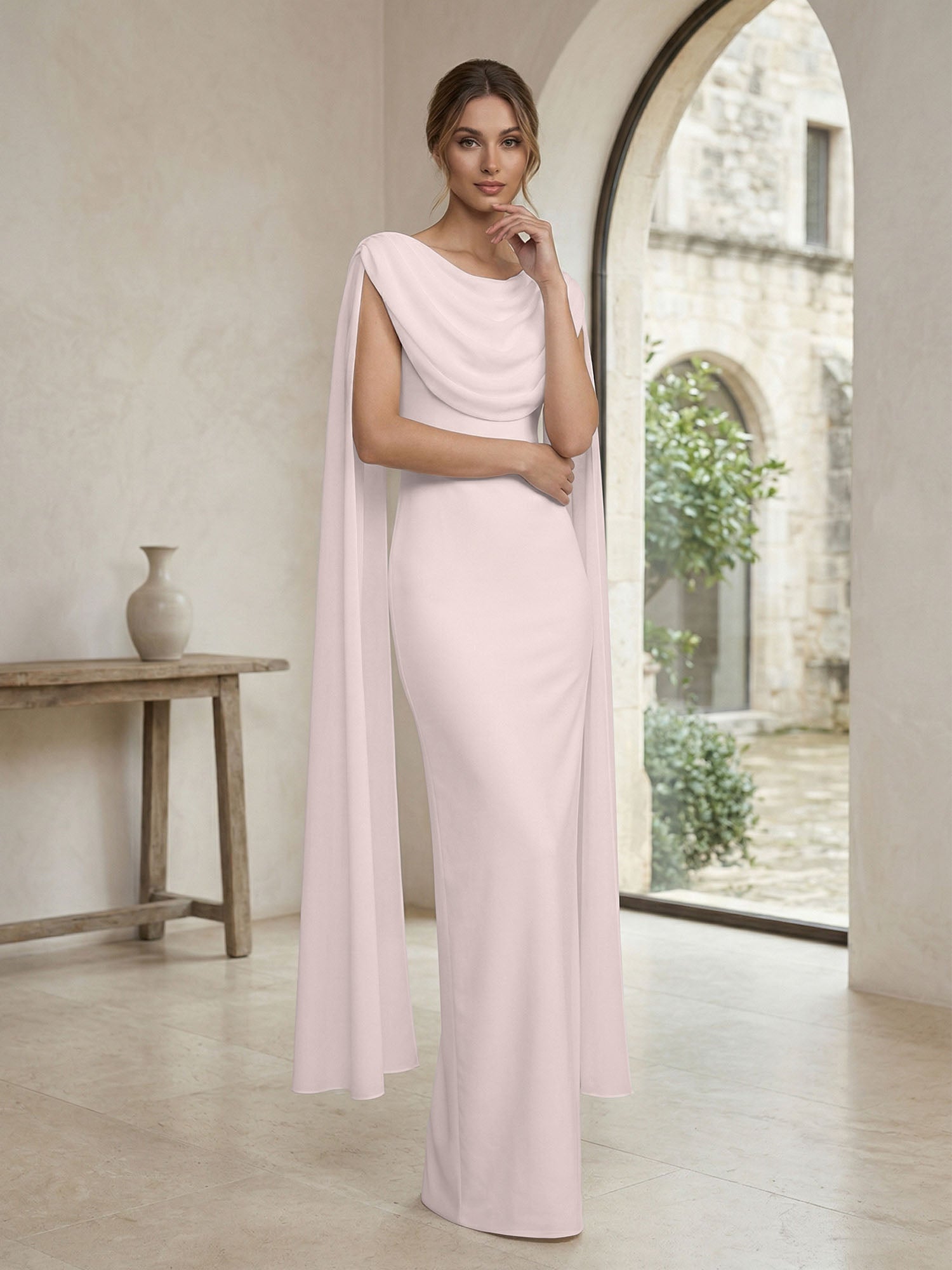 Ivory Draped Cowl Neck Cape Gown Maxi Dress