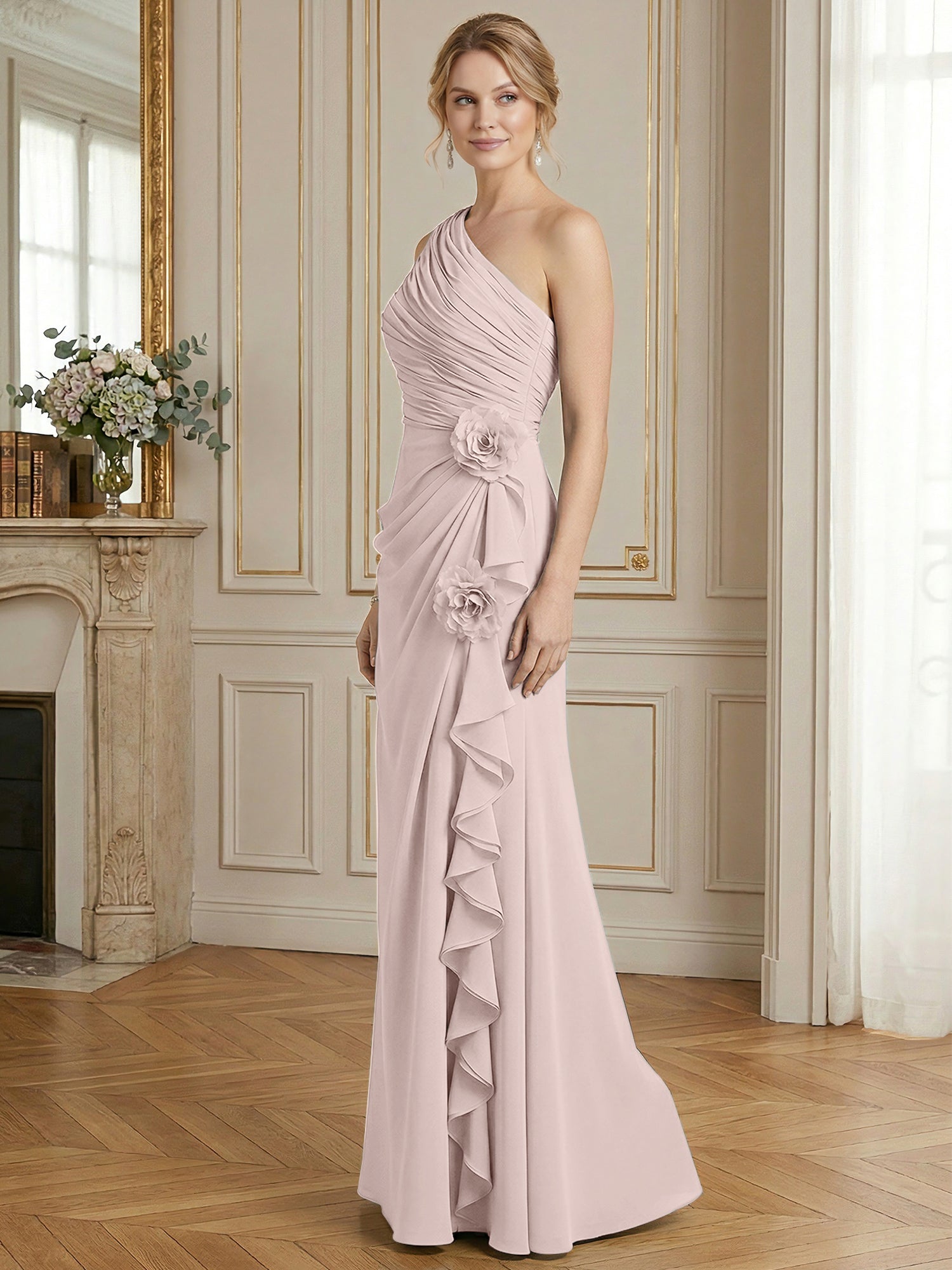 Dusty Blue One-Shoulder Ruched Floral Maxi Dress Gown