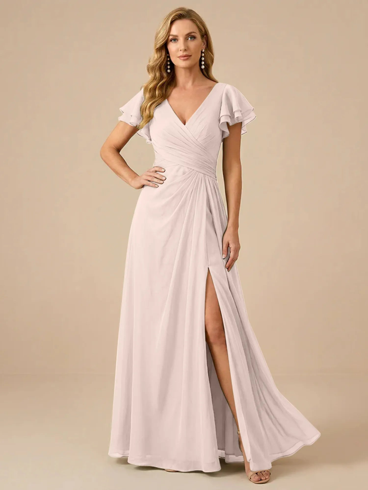 Sage Green V-Neck High-Slit Pleated Chiffon Dress