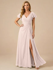 Sage Green V-Neck High-Slit Pleated Chiffon Dress