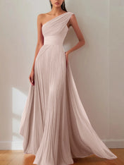 Prom Formal Pleated Dress Rose Color One-Shoulder Maxi Dress
