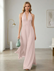 Elegant Sage Green Halter Chiffon Maxi Gown