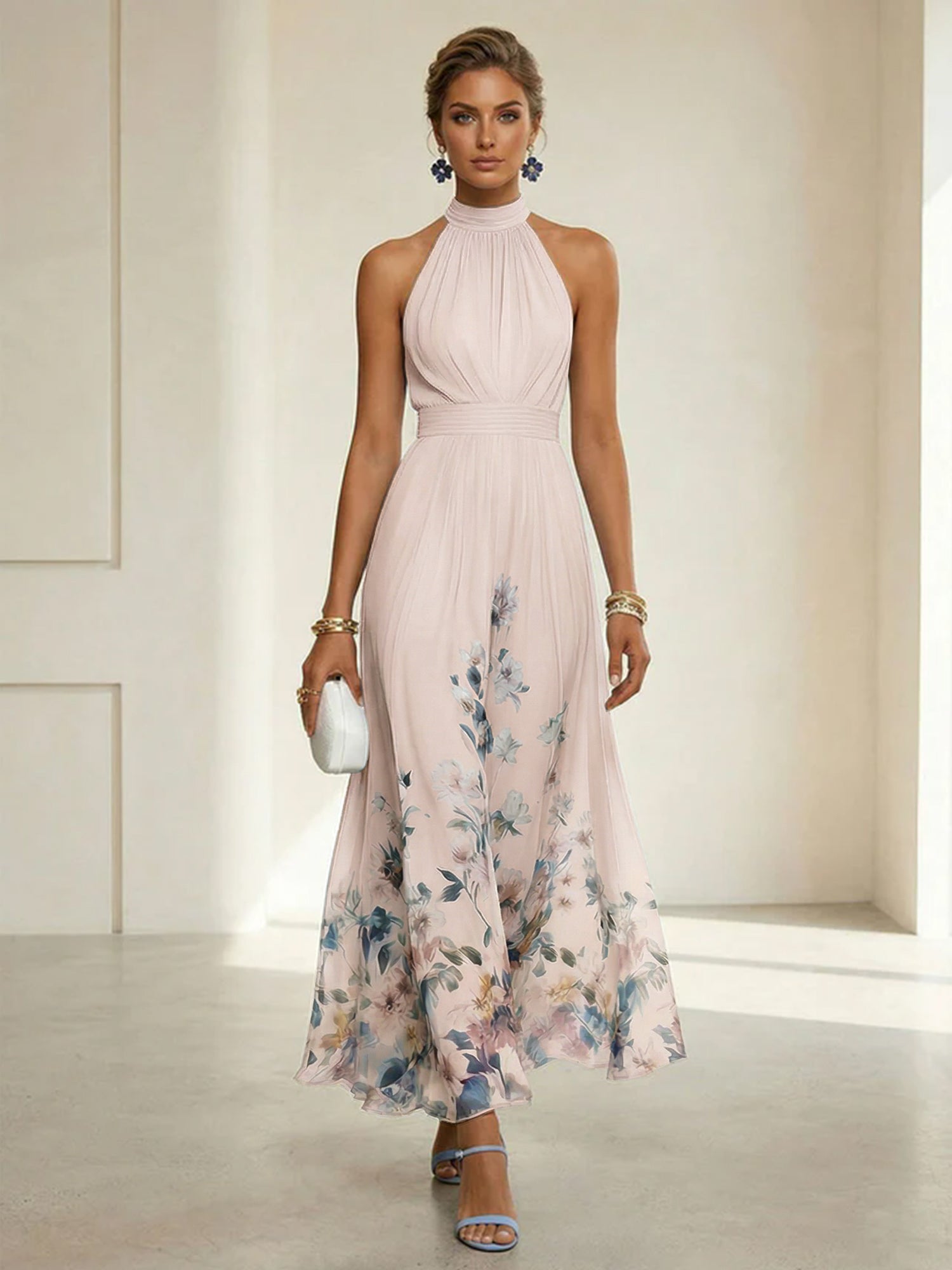Light Blue Floral Chiffon Halter Sleeveless A-Line Maxi Dress Gown