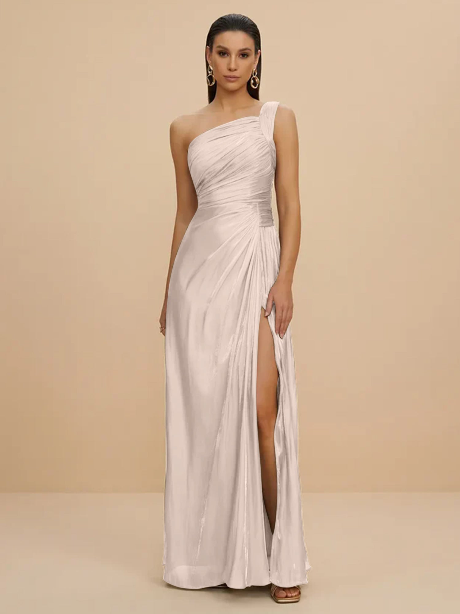 Forma Dress One Shoulder Metallic Pleated Evening Gown with High Slit