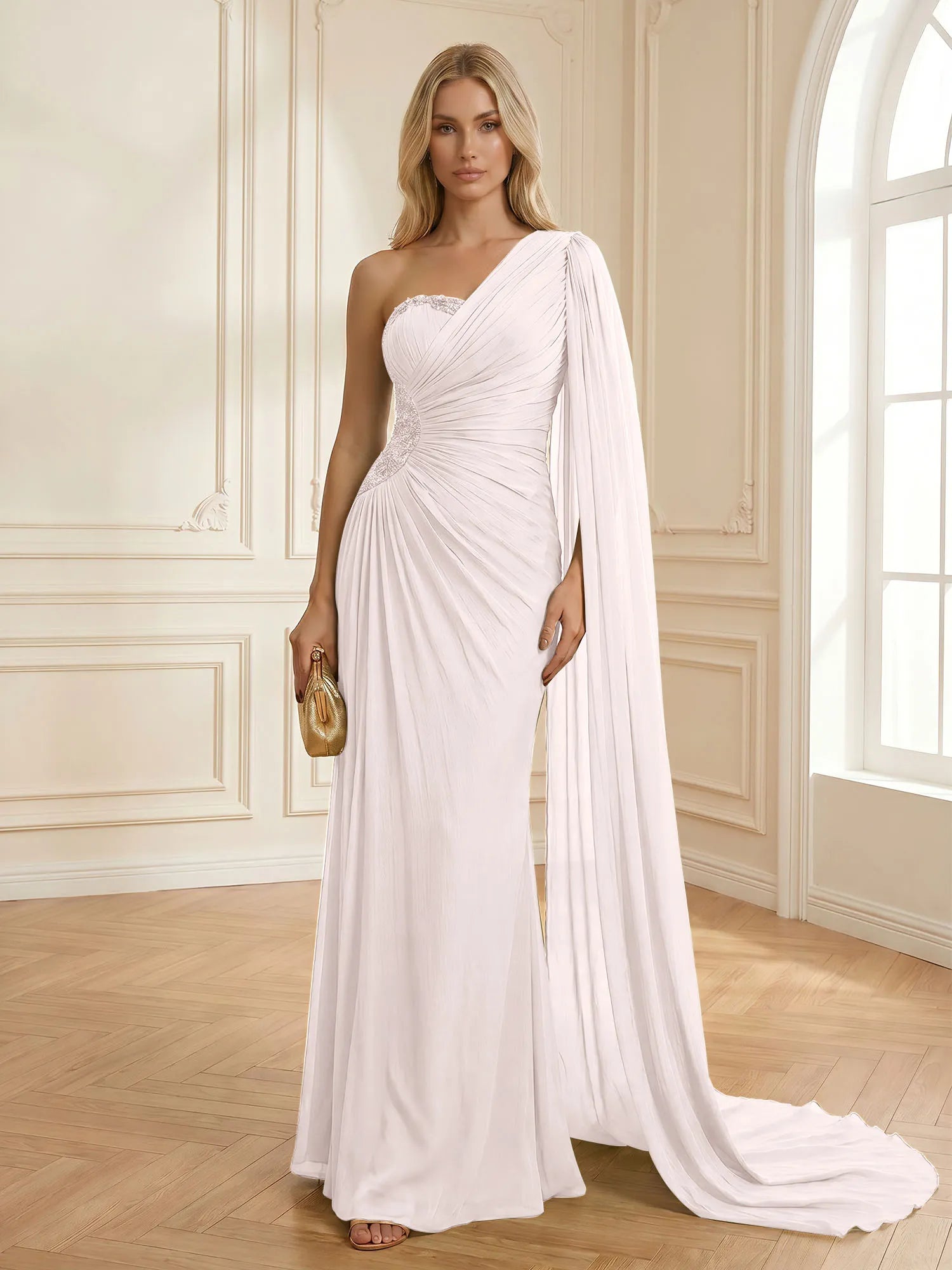 Sage Green One Shoulder Beaded Evening Gown with Cape Sleeve