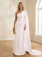 Sage Green One Shoulder Beaded Evening Gown with Cape Sleeve