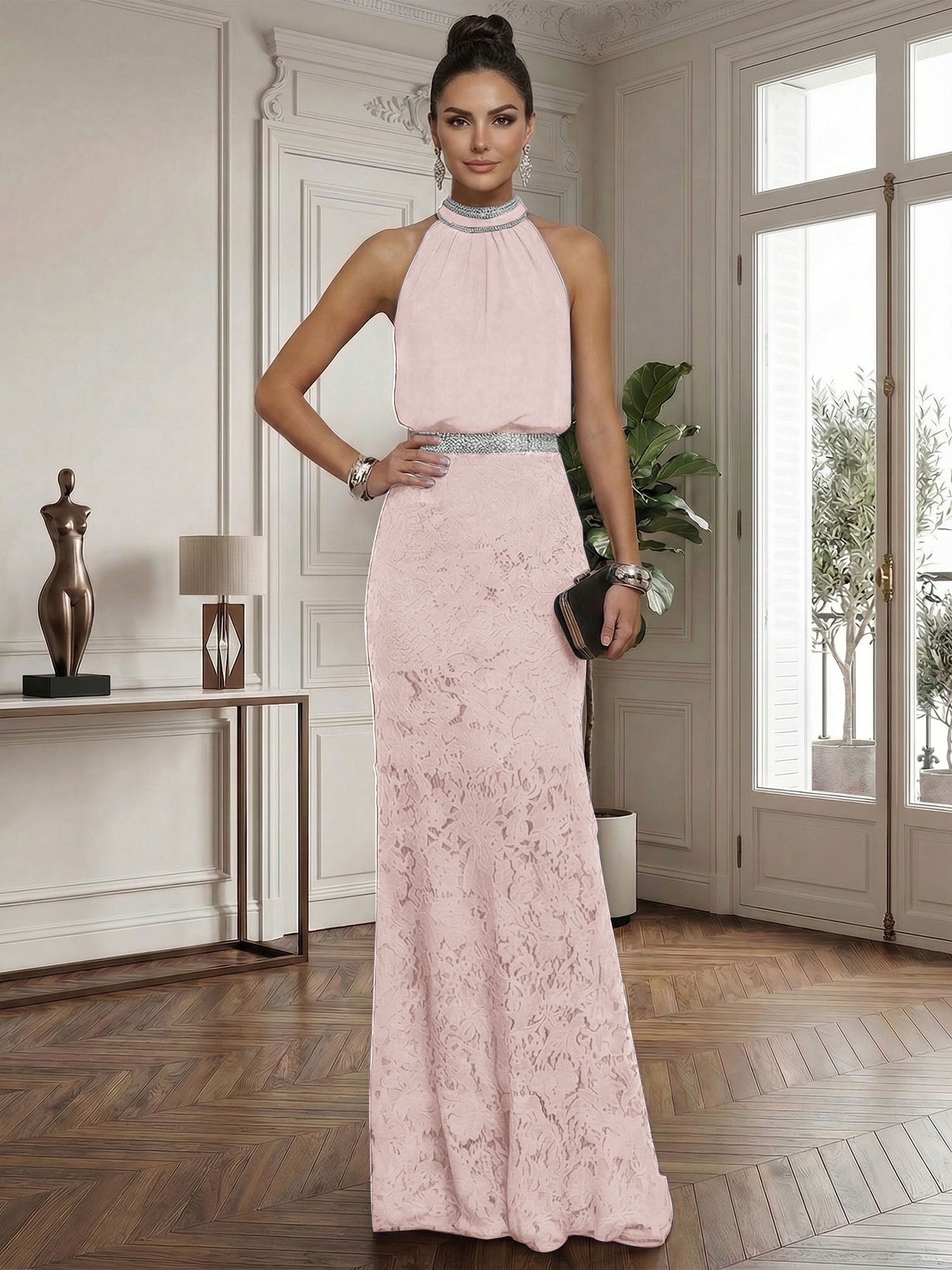 Purplish Rhinestone Ruched Lace Halter Sleeveless Mermaid Gown Dress