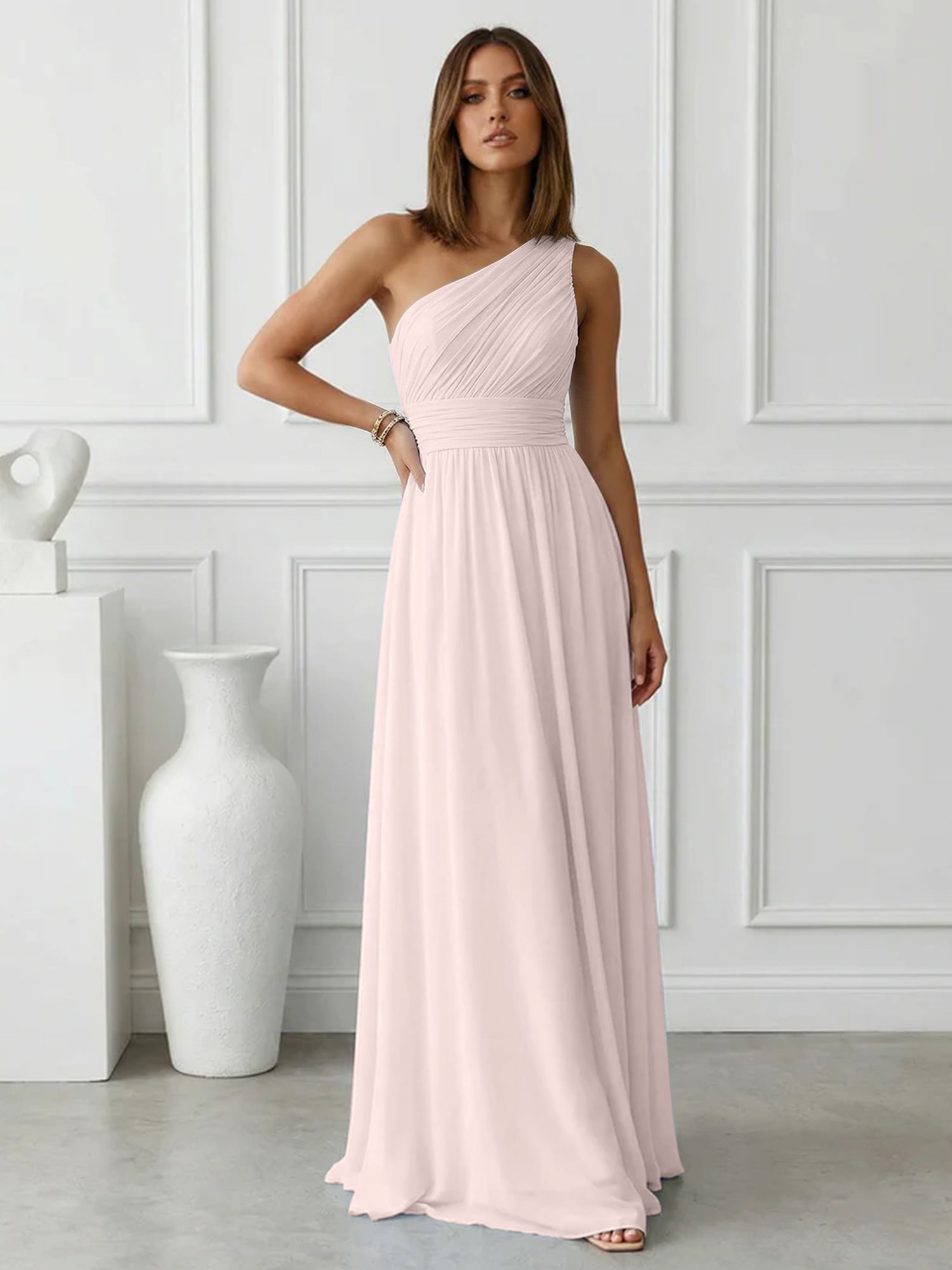 Timeless Light Blue One-Shoulder Maxi Dress Ruched Chiffon Gown