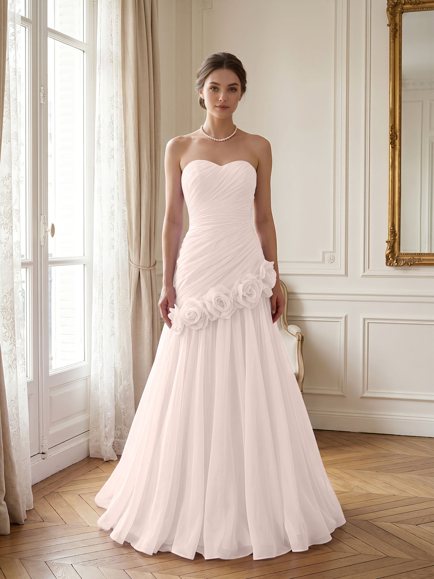 Lilac 3D Rosette Strapless Chiffon Evening Formal Gown Wedding Guest Dress
