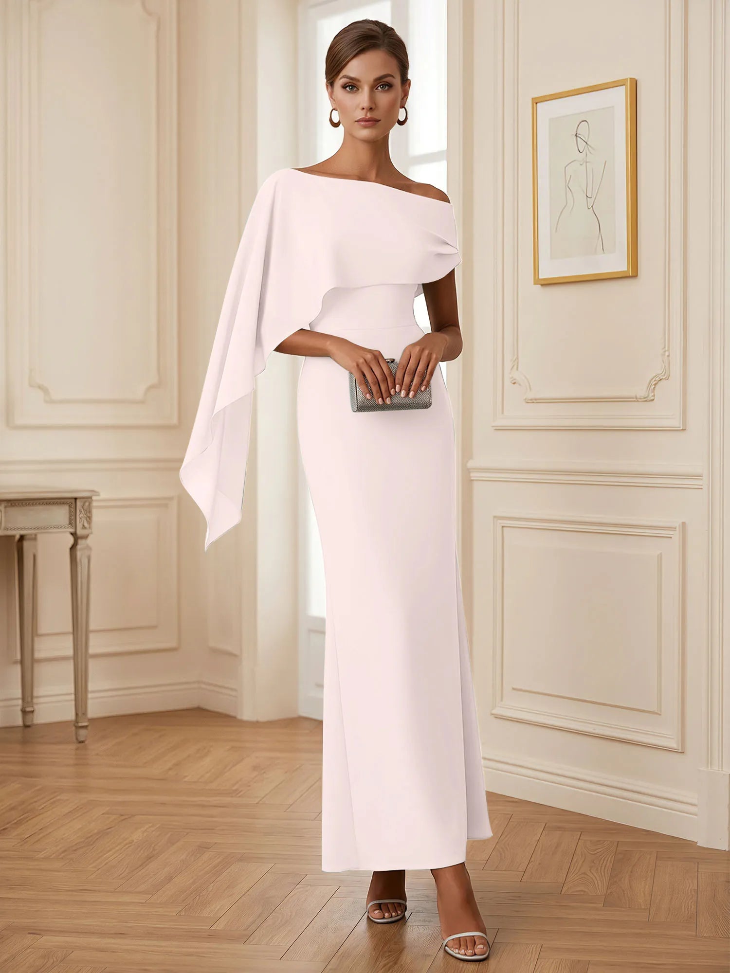 Elegant Mint Green One-Shoulder Chiffon Mermaid Formal Evening Dress with Cape and Ruffles