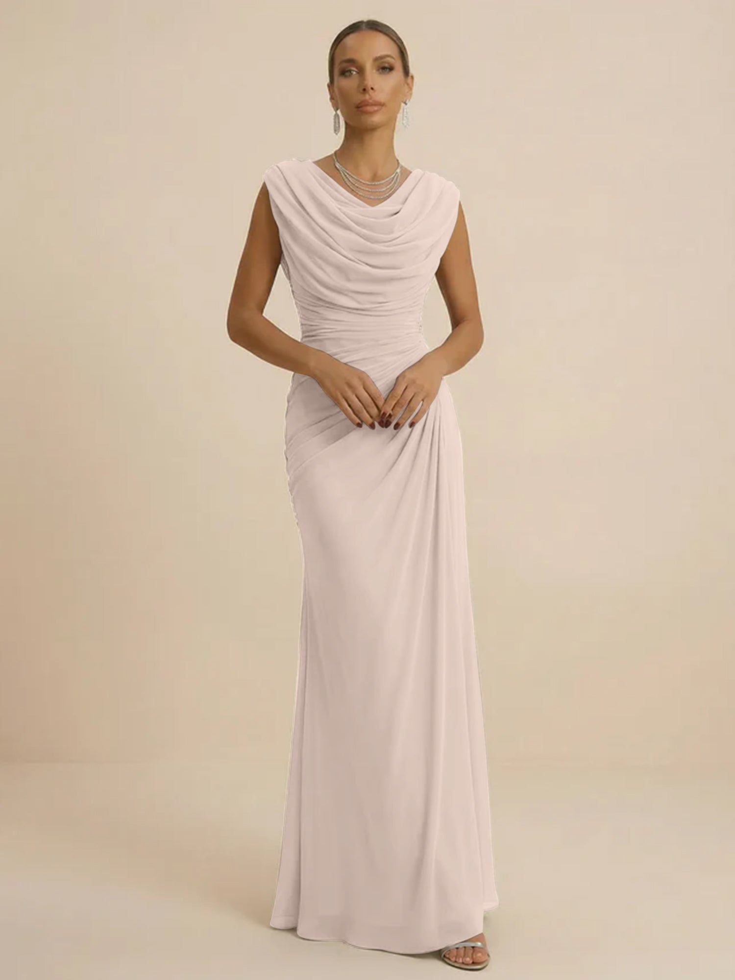 Dusty Grey Draped Cowl Neck Ruched Chiffon Evening Dresses