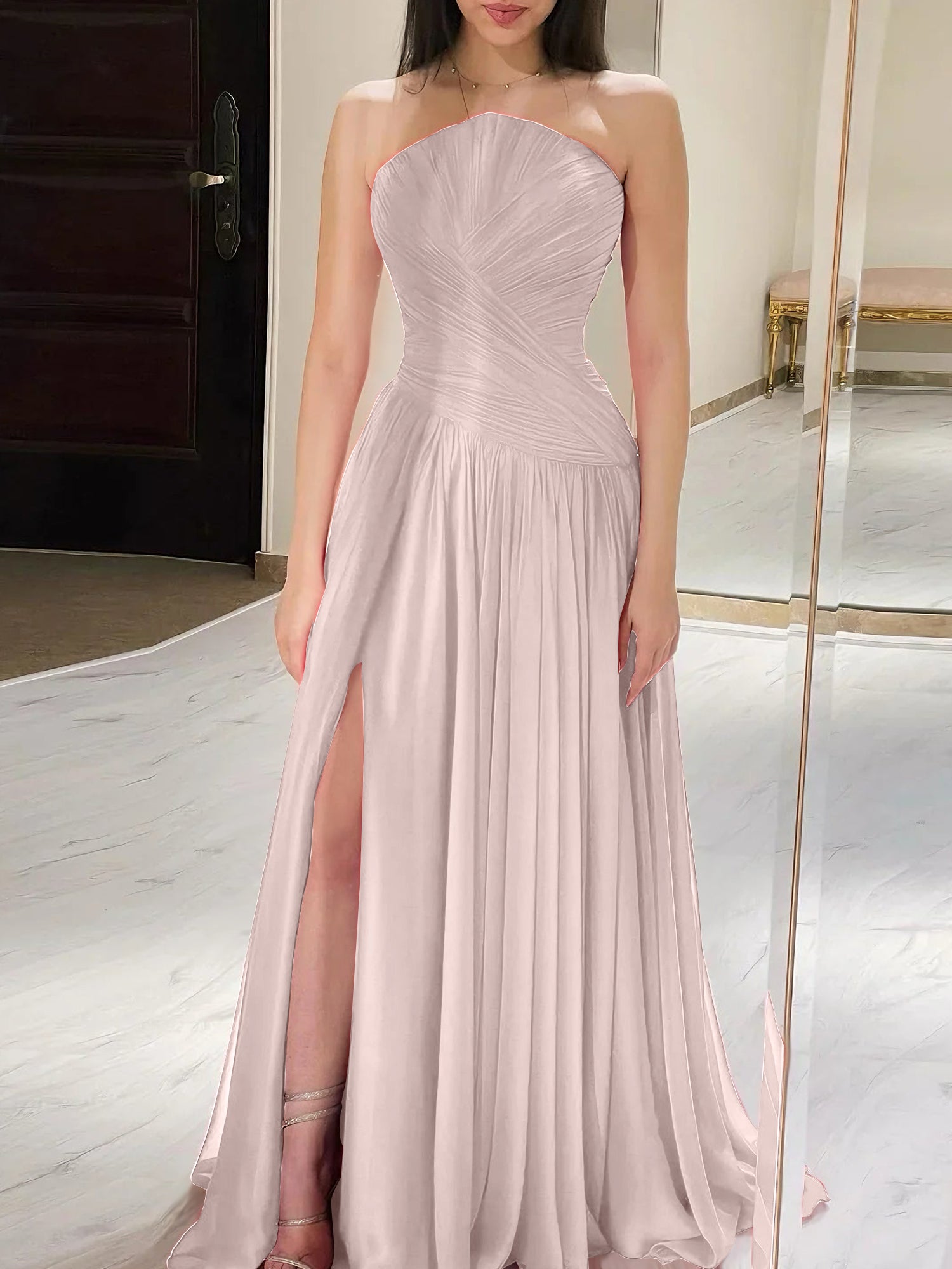 Red Pleated Chiffon Strapless Long Prom Dress with Slit