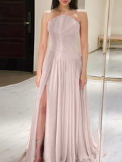 Red Pleated Chiffon Strapless Long Prom Dress with Slit