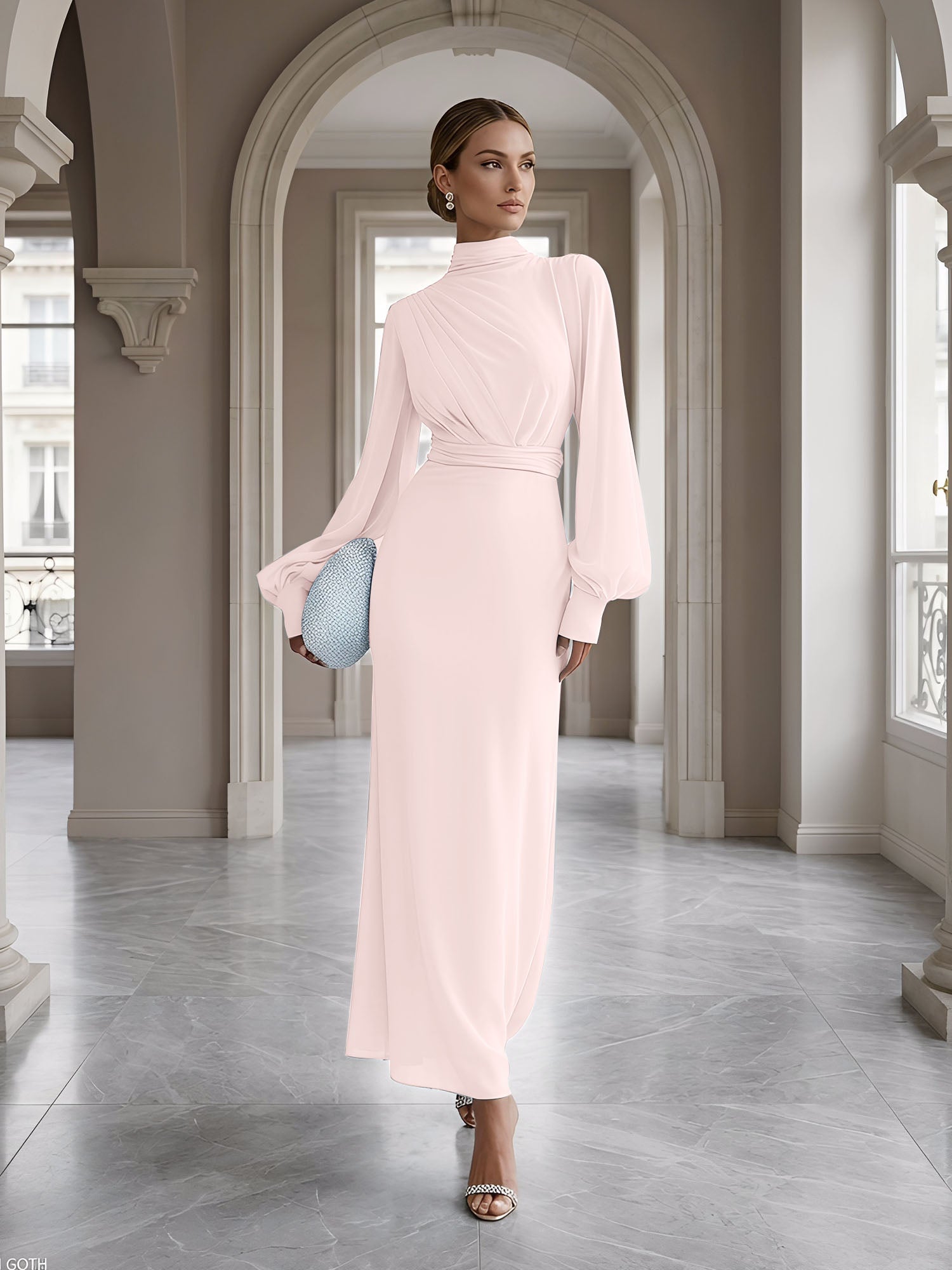 Ice Blue High-Neck Bishop Sleeve Gown Foraml Evening Dress