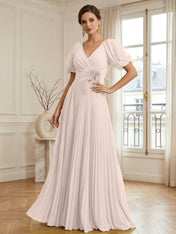 A-Line Chiffon Evening Gown with Feather V-Neck Short Sleeves Formal Dress