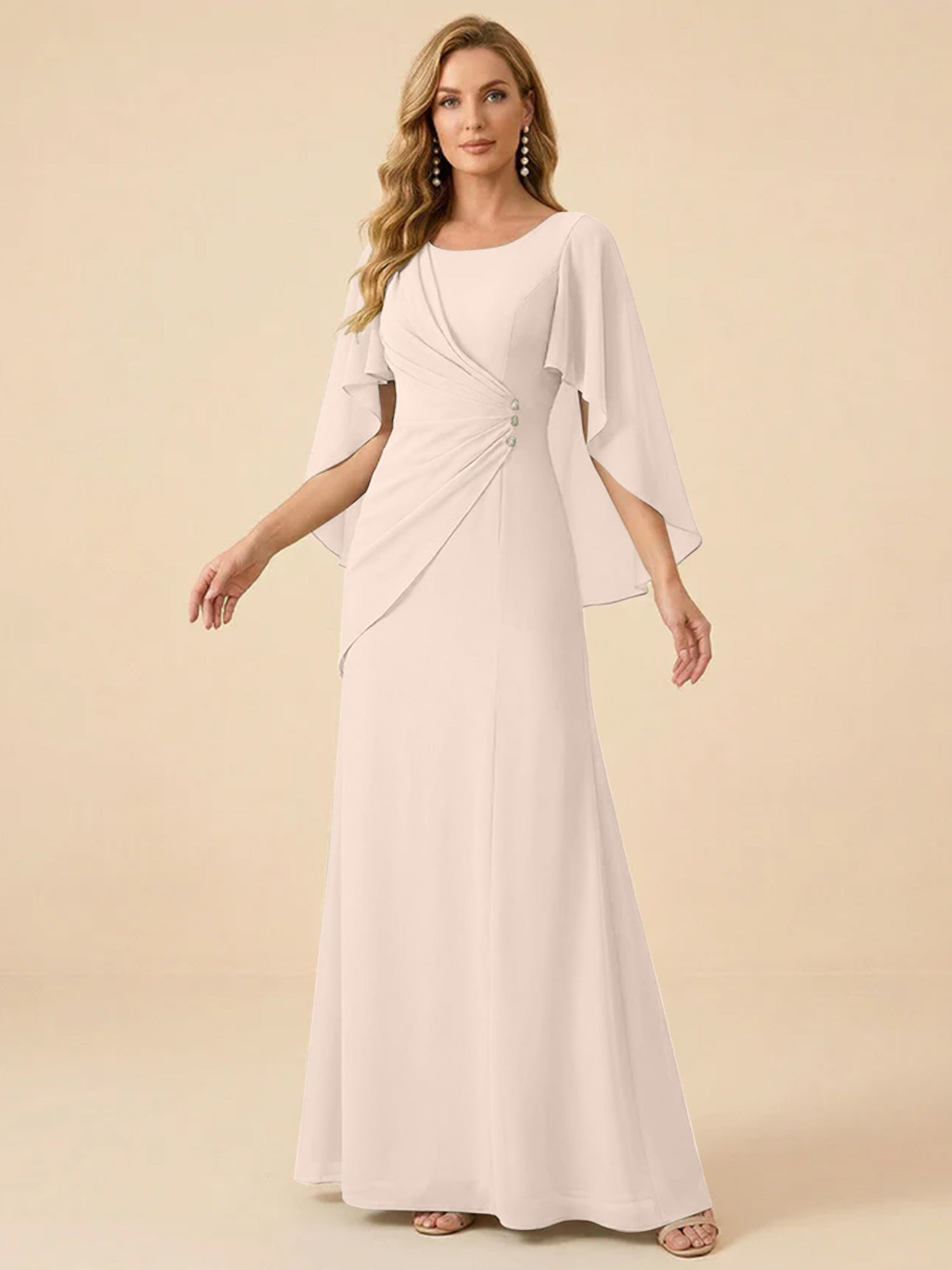 Sage Green Chiffon Beaded Mother of the Bride Dress with Cape Sleeves