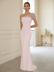 Sophisticated Blush Pink Asymmetrical Ruched Maxi Dress Evening Gown