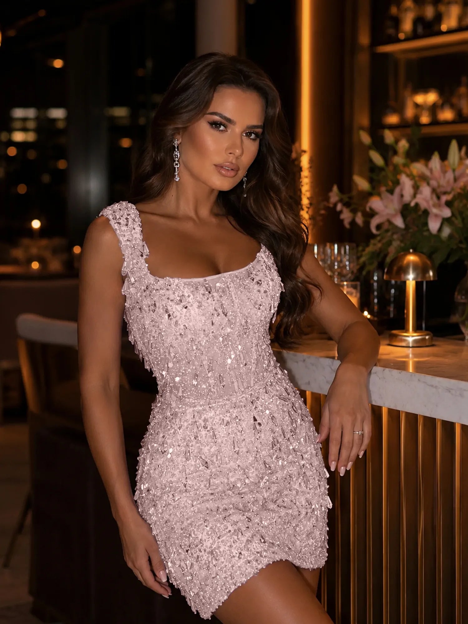 Square-Neck Hand-Beaded Short Homecoming Dress