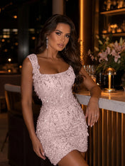 Square-Neck Hand-Beaded Short Homecoming Dress