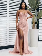 Glitter Orange Strapless Mermaid Sequined Long Prom Dress with Slit