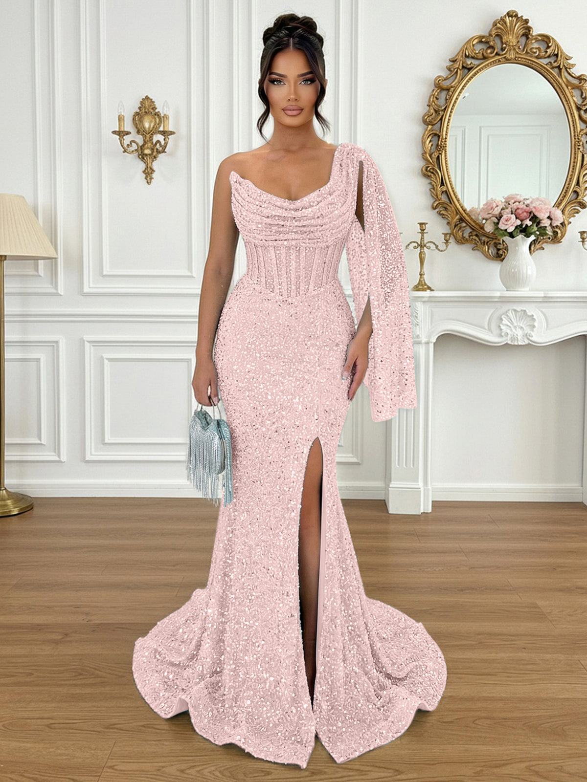 Glamorous Ice Blue One-Shoulder Sequin Corset Mermaid Prom Dresses with Slit