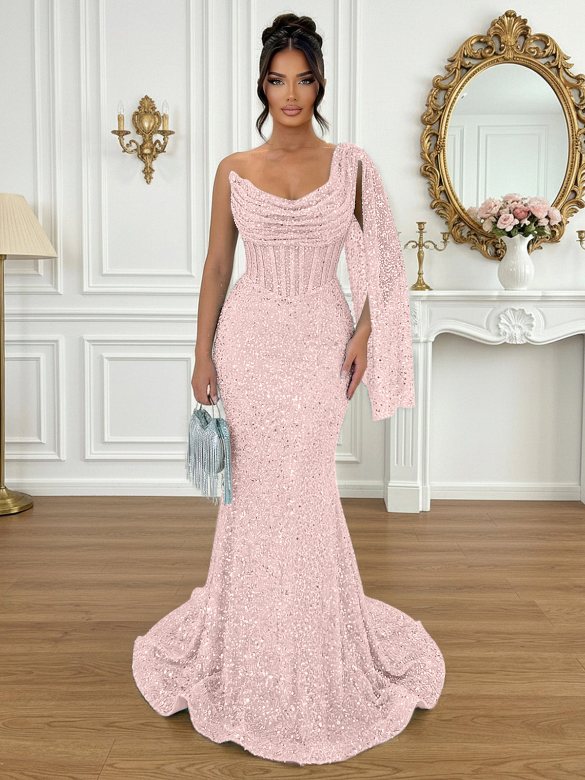 Glamorous Ice Blue One-Shoulder Sequin Corset Mermaid Prom Dresses