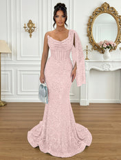 Glamorous Ice Blue One-Shoulder Sequin Corset Mermaid Prom Dresses