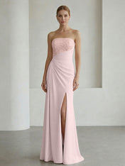 Glamorous Formal Evening Dress Soft Blush Beaded Strapless Slit Gown