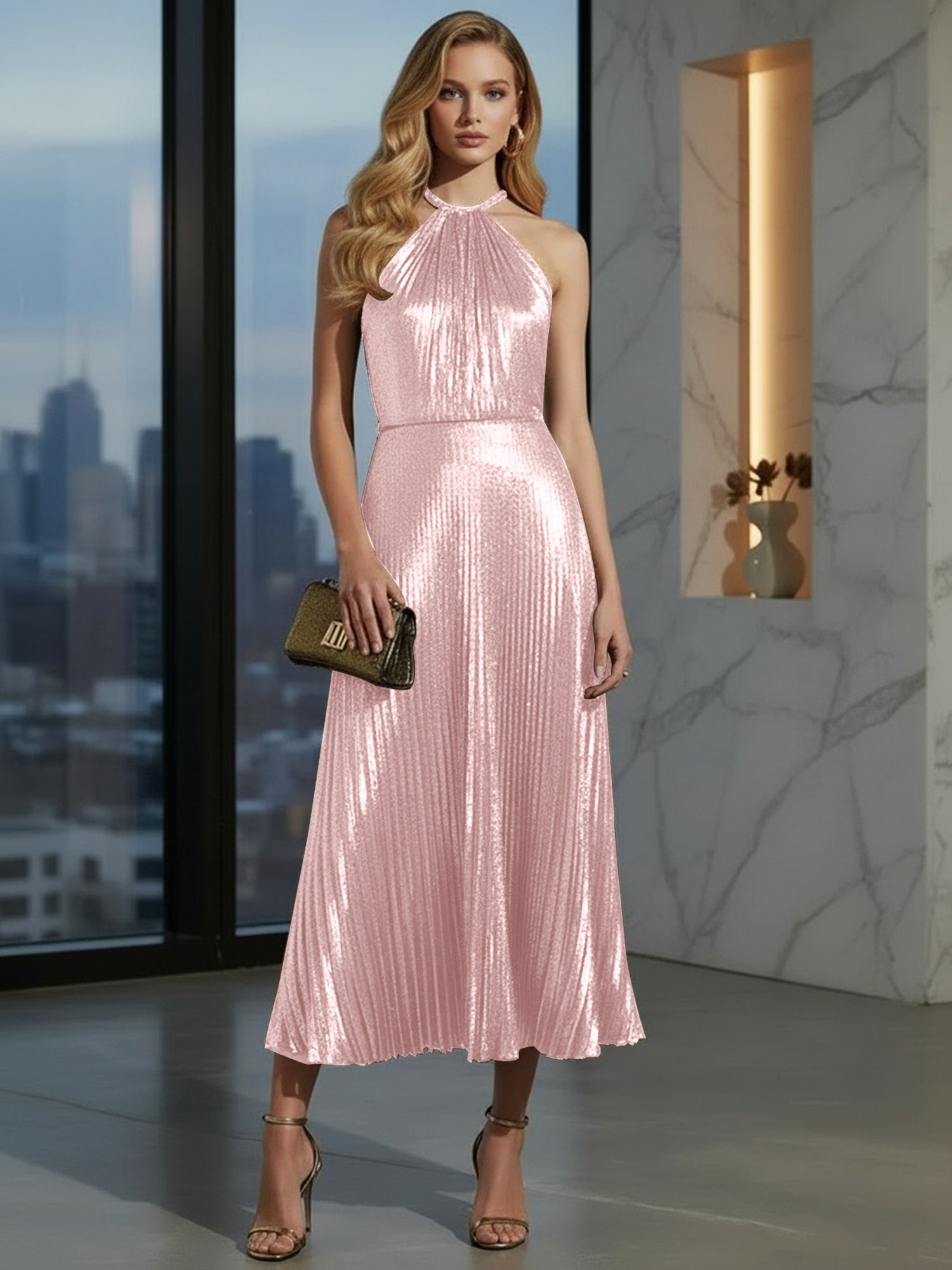 Luxurious Champagne-Gold Pleated Halter Midi Prom Dress