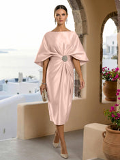 Half Sleeves Mermaid Satin Tea Length Long Evening Dresses with 3D Flower
