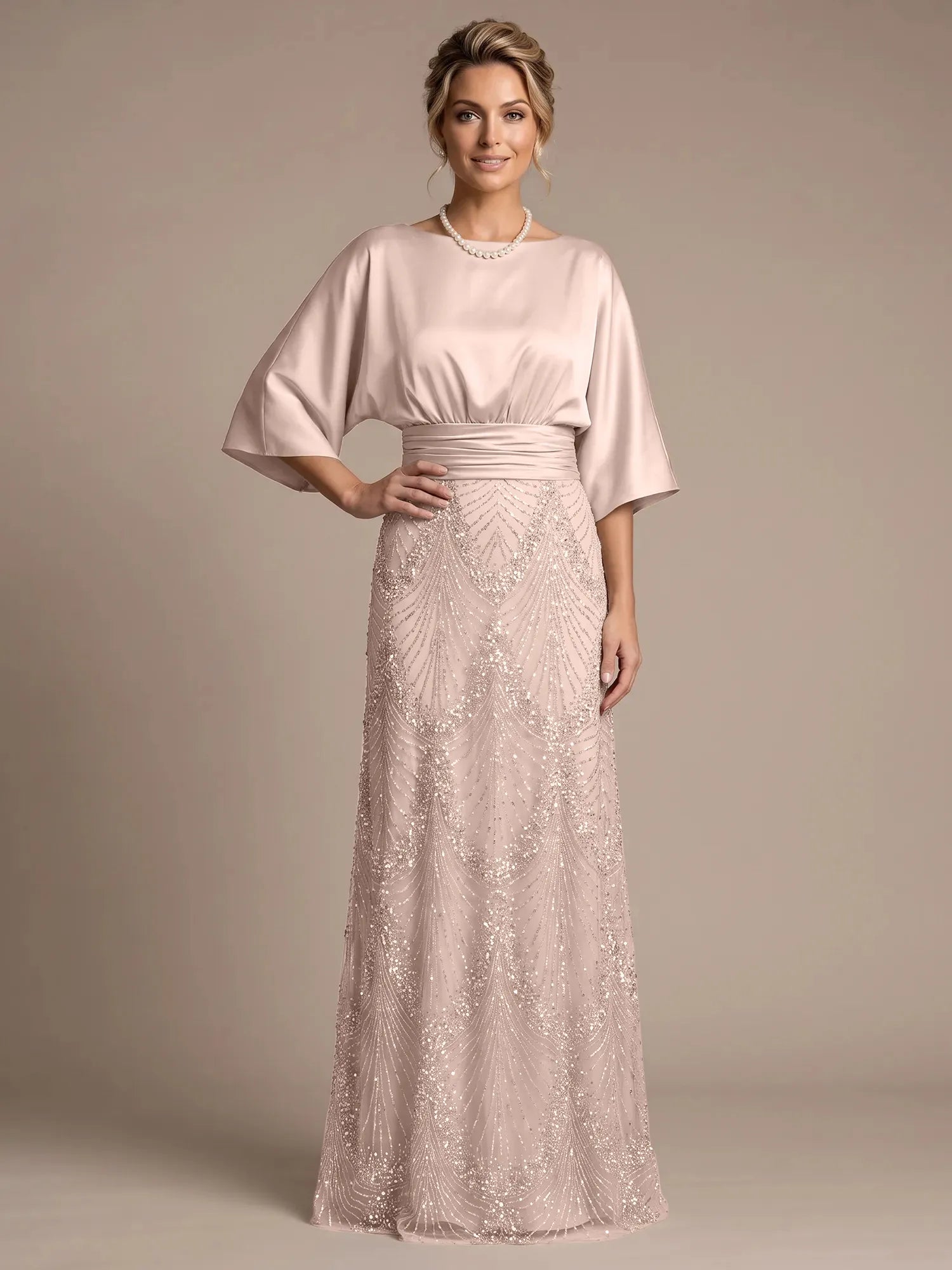 Bateau Neck Satin Evening Gown with 3/4 Batwing Sleeves Mother of The Bride Dresses