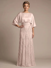Bateau Neck Satin Evening Gown with 3/4 Batwing Sleeves Mother of The Bride Dresses