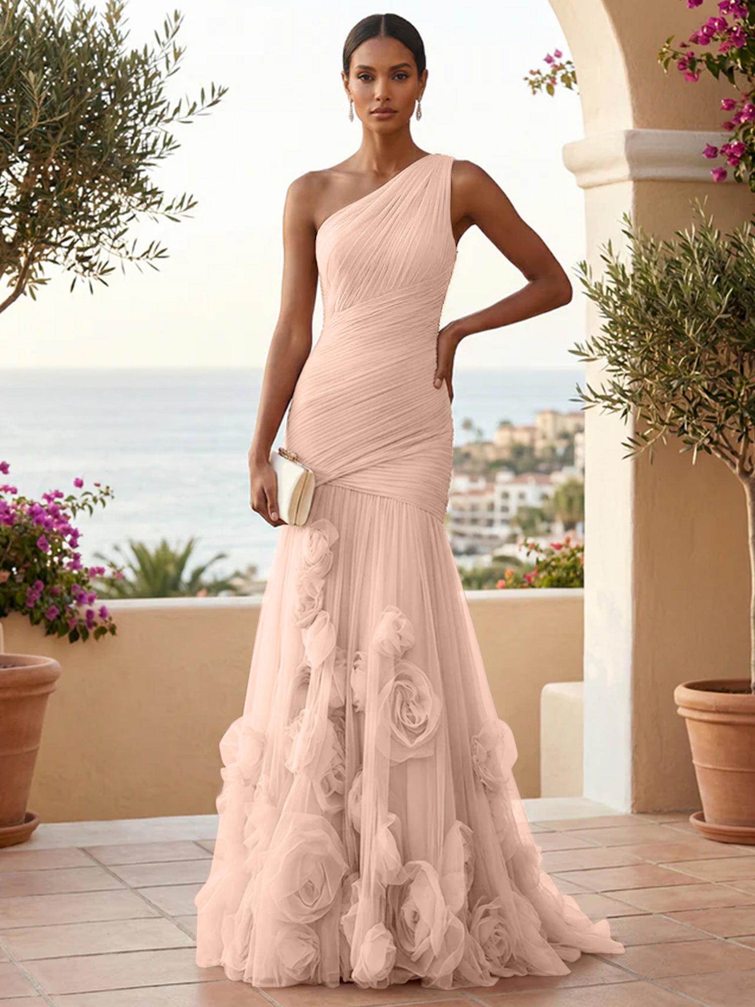 Sweetheart Tulle Pleat One Shoulder Mermaid Evening Dresses Gown with 3D Flower