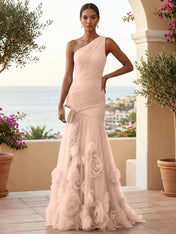 Sweetheart Tulle Pleat One Shoulder Mermaid Evening Dresses Gown with 3D Flower